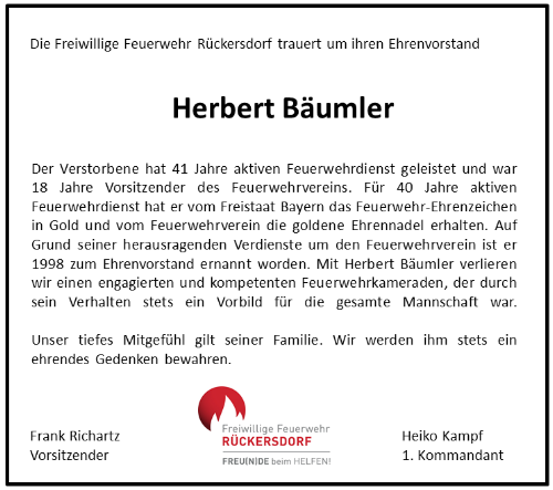 Ehrenvorstand Herber Bäumler verstorben